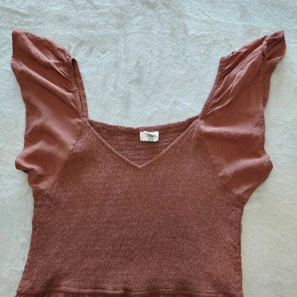 Japna Smocked Flutter Sleeve Wide Leg Jumpsuit Terracotta Brown Mauve Boho